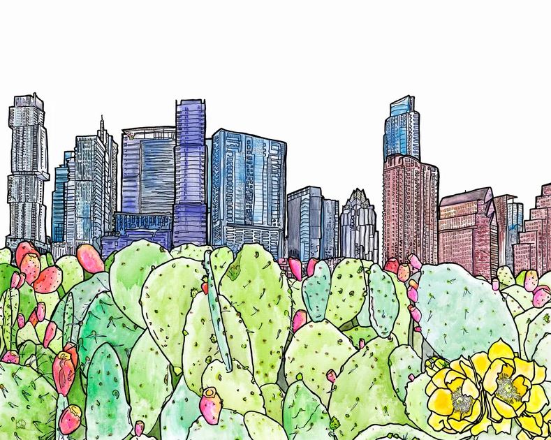 Austin Skyline With Prickly Pear Flower - Katie Chance - 08x10" Print