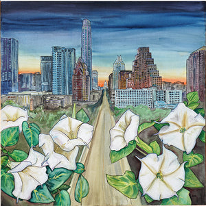 Congress Bridge with Night Moon Flowers - Katie Chance - 36x36"