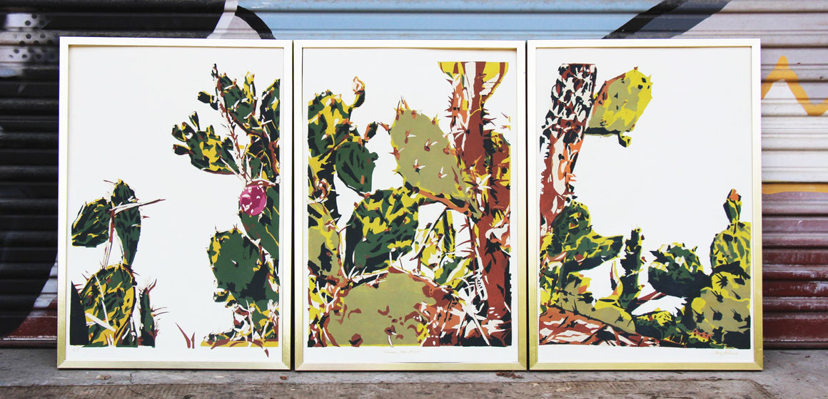 Resilience (Prickly Pear Triptych in wood frames) - Landry McMeans - 90 x 29"