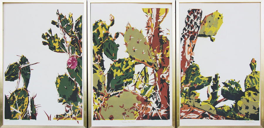 Resilience (Prickly Pear Triptych in wood frames) - Landry McMeans - 90 x 29"